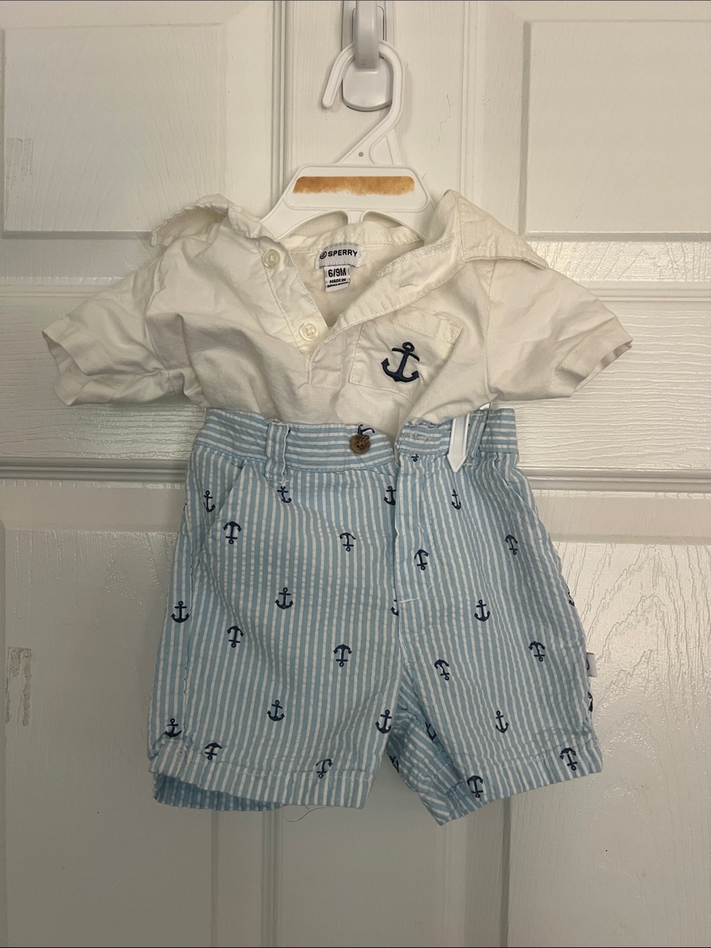 Sperry White Polo with Light Blue Anchor Stripe Shorts